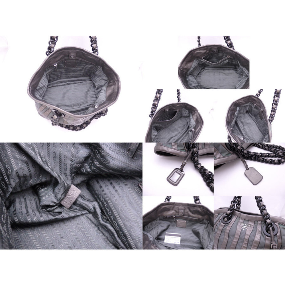 PRADA Shoulder Bag Logo Gray Black Leather Nylon - Picture 3 of 3